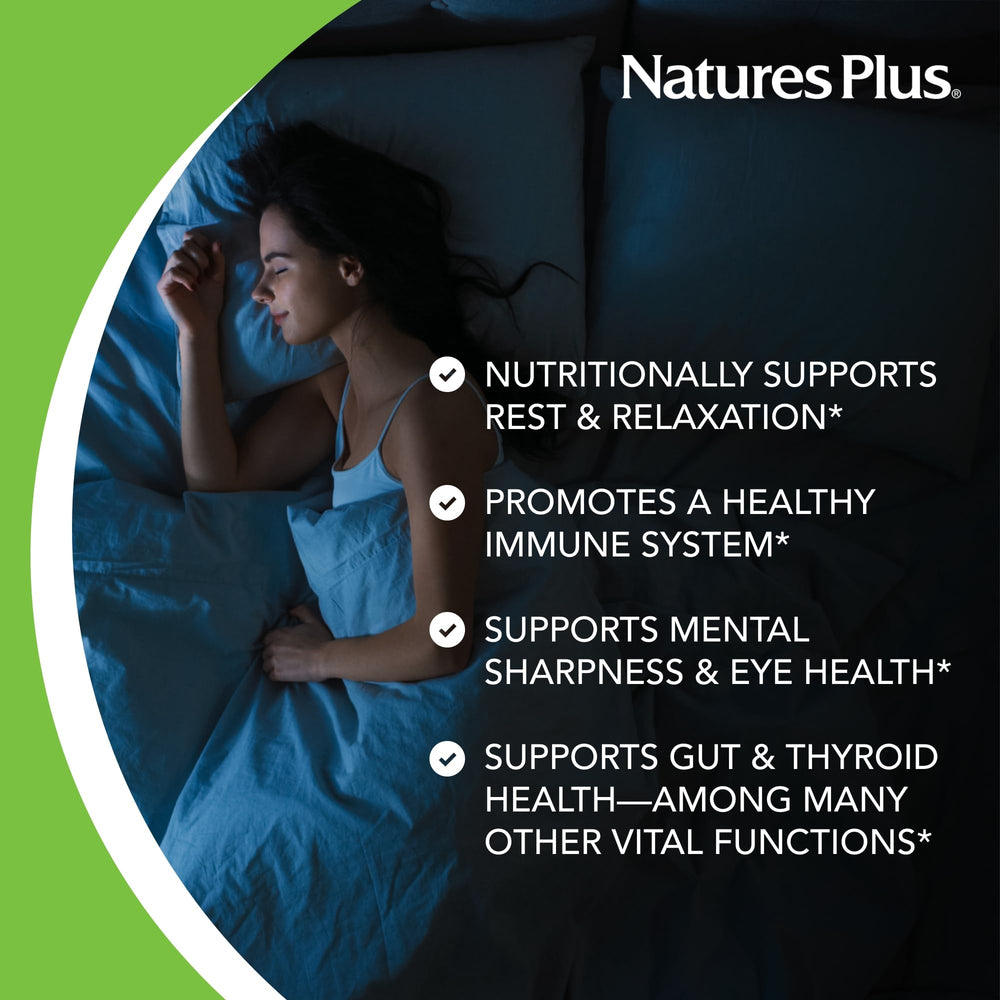NaturesPlus Melatonin Spray close-up shows vitamin B6 and E ingredients for restful support.