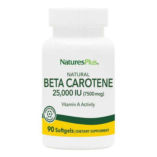 NaturesPlus natural beta carotene bottle showing 25,000 IU softgels for eye support.