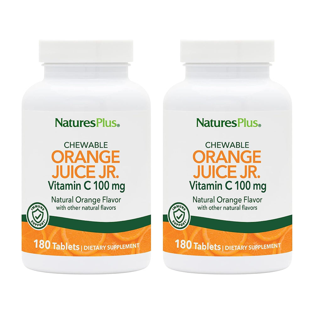 NaturesPlus Orange Juice Jr. pack-2 bottle shown for family nutrition with vitamin C.