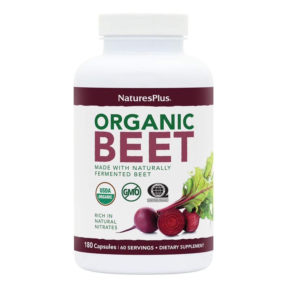 NaturesPlus Organic Beet bottle emphasizing USDA Organic and vegan certification for convenient daily nutrition.
