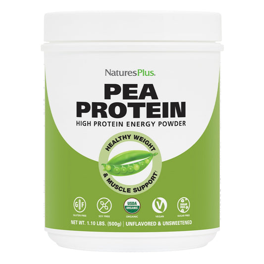 NaturesPlus Organic Pea Protein bottle front view for vegan energy and recovery support.