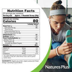 NaturesPlus Organic Pea Protein ingredient list highlights quinoa and enzymes.