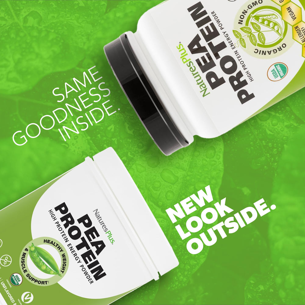 NaturesPlus Organic Pea Protein powder with scoop—unflavored, unsweetened for versatile use.
