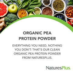 NaturesPlus Organic Pea Protein side-label shows USDA Organic certification.