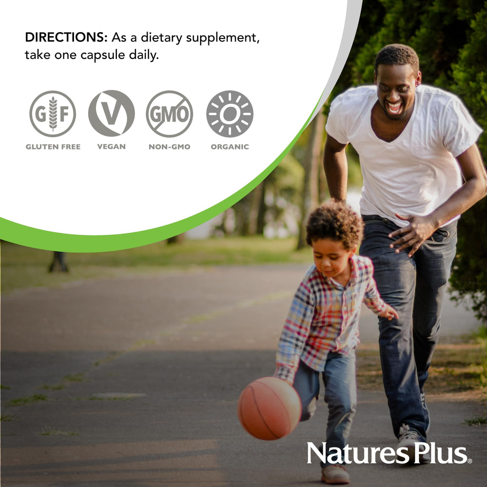 NaturesPlus organic-certified label with non-GMO and vegan seals.