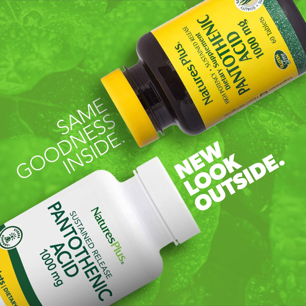 NaturesPlus Pantothenic Acid bottle label close-up showing sustained-release design and vegetarian formula