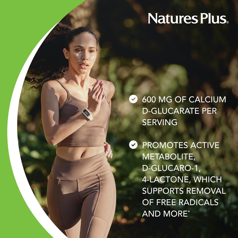 Ingredient panel for NaturesPlus PRO Calcium D-Glucarate shows non-GMO status.
