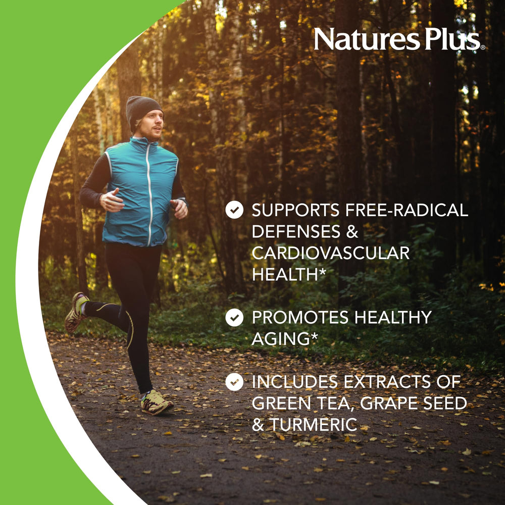 NaturesPlus Resveratrol sources image highlights red wine concentrate and botanicals for diverse support.