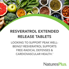 NaturesPlus Resveratrol tablets close-up shows standardized dosing for consistent use.