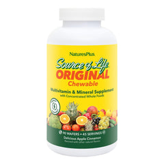 NaturesPlus Source of Life Adults chewable bottle front shows apple cinnamon flavor for daily wellness.