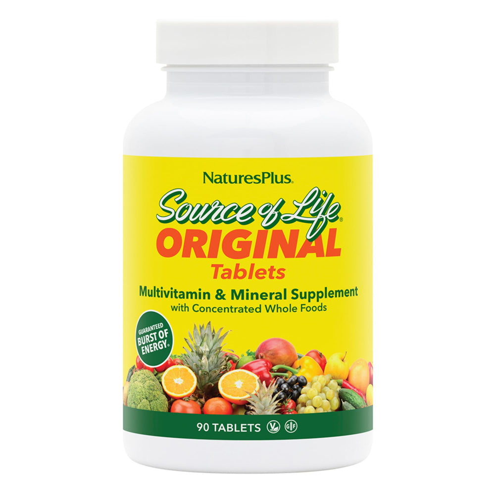NaturesPlus Source of Life bottle label showcases whole-food vitamins for daily wellness.