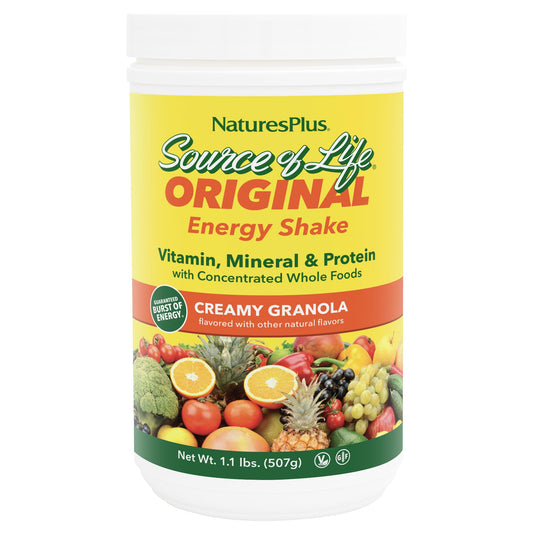 NaturesPlus Source of Life Energy Shake creamy granola bottle front shows protein-rich breakfast option