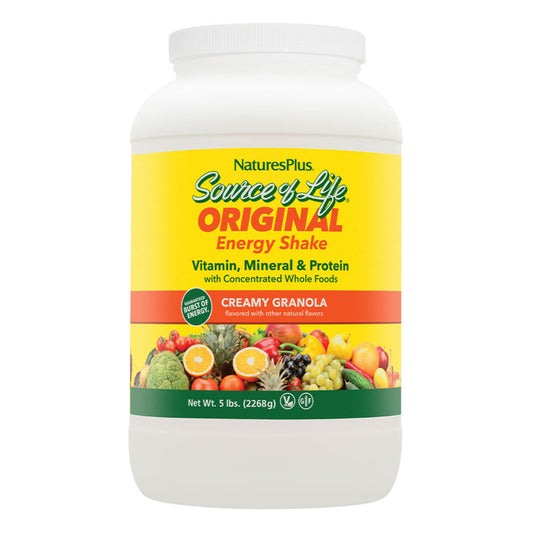 NaturesPlus Source of Life Energy Shake granola flavor powder for daily nutrition.