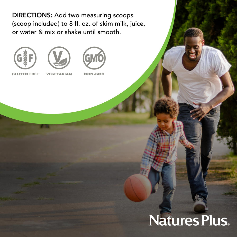 NaturesPlus Source of Life Energy Shake nutrition-facts panel emphasizes protein and vitamins