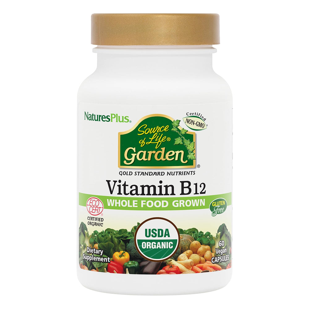 NaturesPlus Source of Life Garden B12 bottle front with organic label for daily energy.