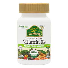 NaturesPlus Source of Life Garden Vitamin K2 bottle front showing organic, vegan formula for bone support.