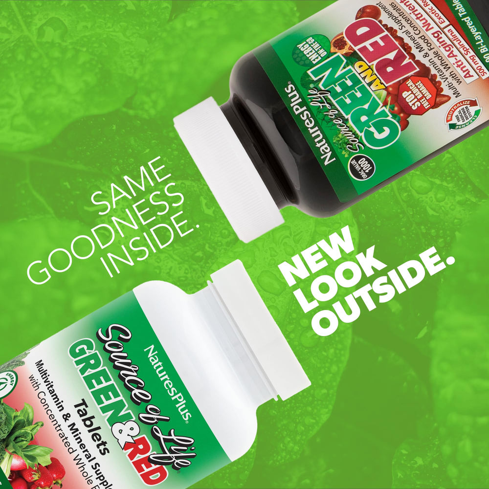 Front view of NaturesPlus Source of Life Green & Red Multivitamin bottle