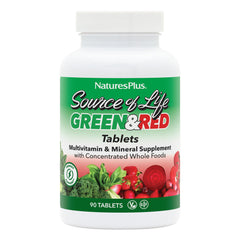 NaturesPlus Source of Life Green & Red multivitamin tablets on a clean surface for daily energy support