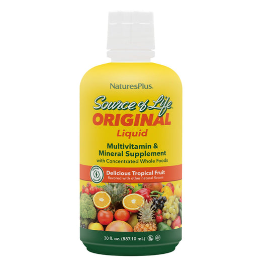 NaturesPlus Source of Life Liquid tropical fruit bottle for daily energy support and immune wellness.