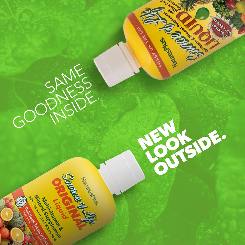 NaturesPlus Source of Life Liquid poured into a glass highlighting fast-absorbing multivitamin benefits.