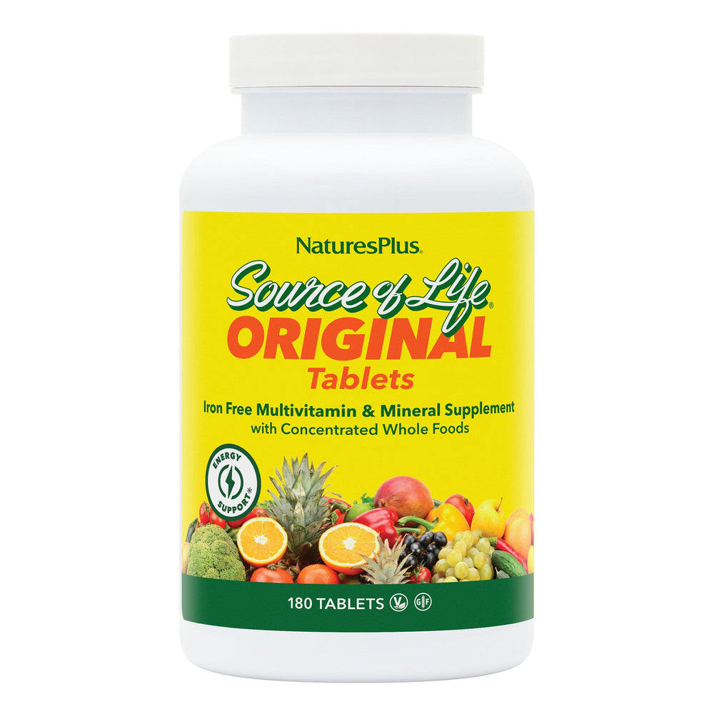 NaturesPlus Source of Life No Iron bottle front showing daily energy potential