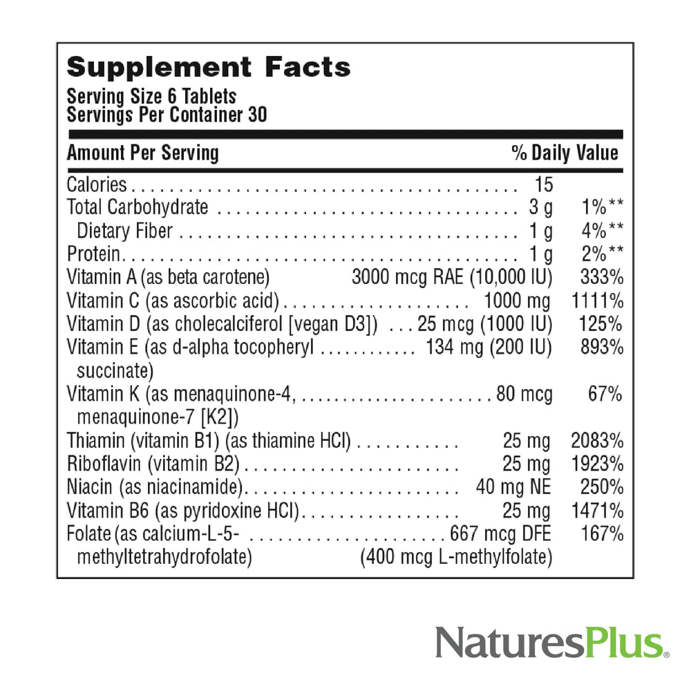 NaturesPlus Source of Life No Iron Mini-Tabs ingredient blend close-up showcases whole-food concentrates