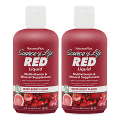NaturesPlus Source of Life RED liquid bottle being poured for easy daily energy and immunity support.