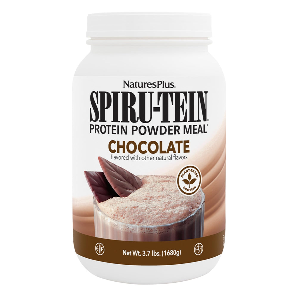 NaturesPlus SPIRU-TEIN chocolate canister showing packaging and protein blend for meal replacement.