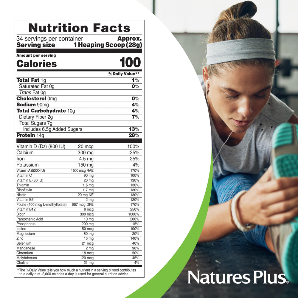 Close-up of SPIRU-TEIN ingredients shows rice, pea, and soy protein blend.