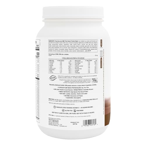 NaturesPlus SPIRU-TEIN chocolate label close-up highlighting ingredients.