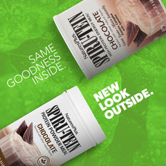 Pouring SPIRU-TEIN Chocolate into a glass shows quick mixability.