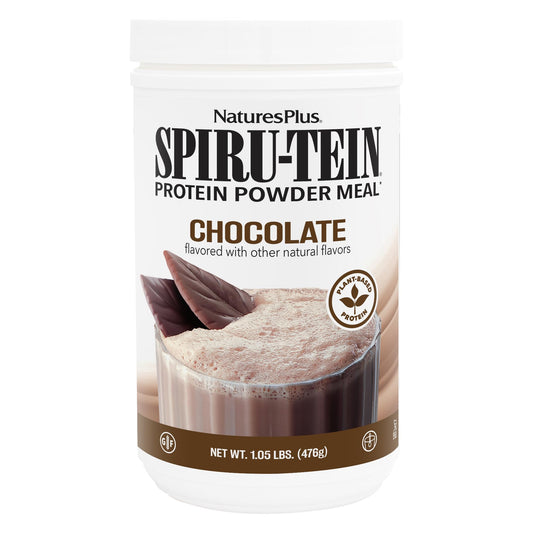 NaturesPlus SpirU-Tein chocolate tub highlighting plant-based protein for quick meals.