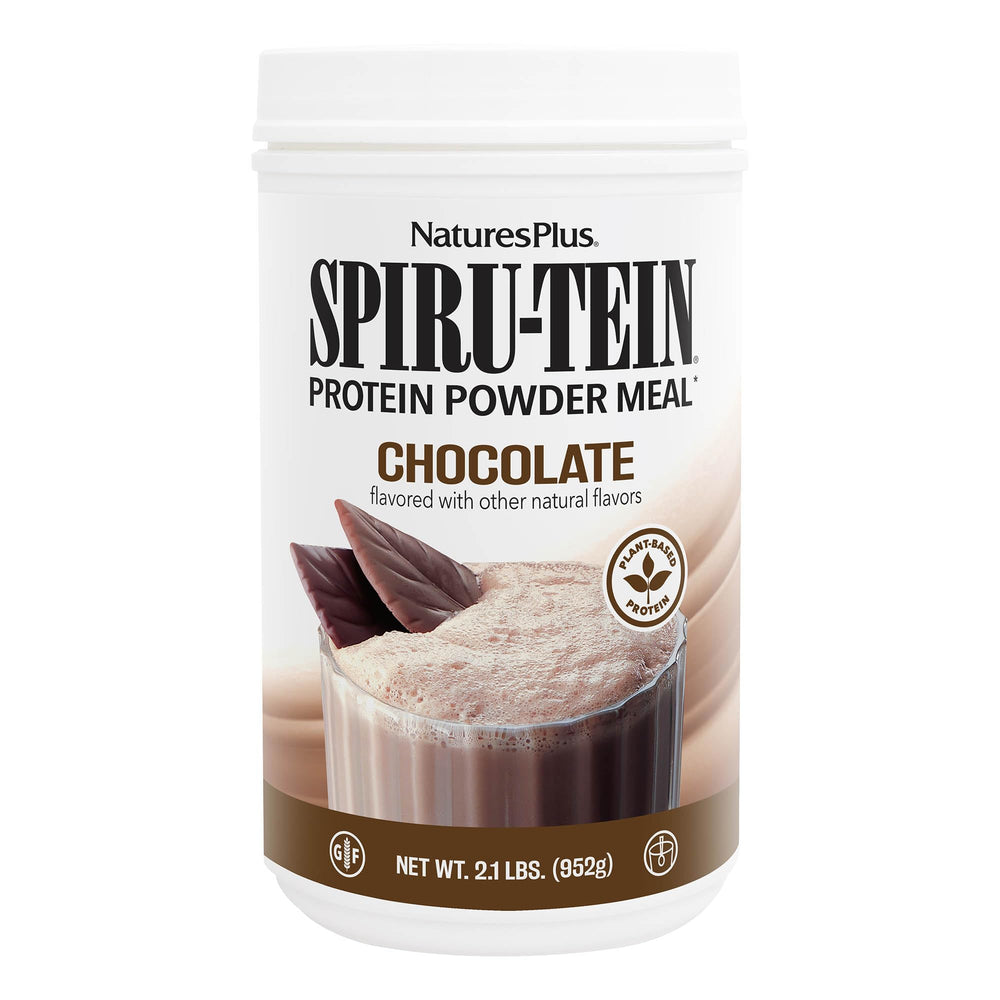 NaturesPlus SPIRU-TEIN Chocolate tub for daily plant-based nutrition.