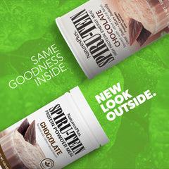 SPIRU-TEIN Chocolate two-pack tub shows convenient 34 servings total for easy stocking.