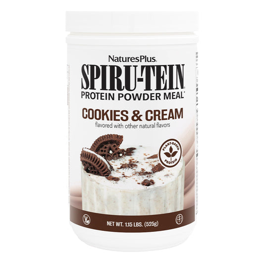 NaturesPlus SpirU-TEIN Cookies and Cream tub front for convenient plant-based meals.