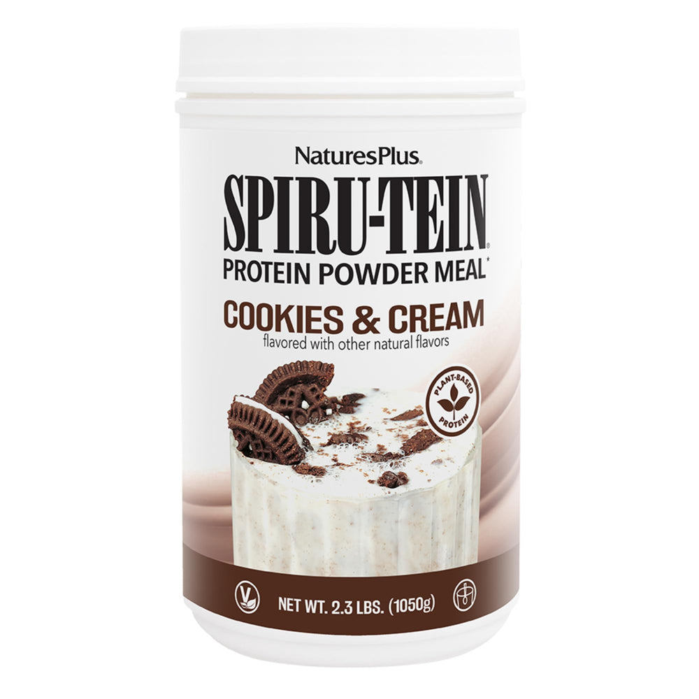 NaturesPlus SPIRU-TEIN Cookies & Cream canister for a protein-packed plant-based meal.