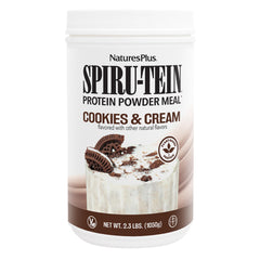 NaturesPlus SPIRU-TEIN Cookies & Cream canister for a protein-packed plant-based meal.