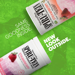 NaturesPlus SpirU-Tein strawberry powder canister ideal for quick plant-based meals.