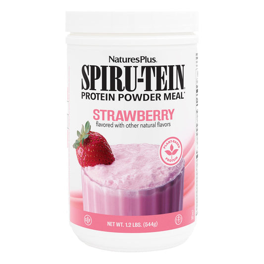 NaturesPlus SpirU-Tein strawberry protein shake in a 1-2 lb tub, ready to fuel workouts.