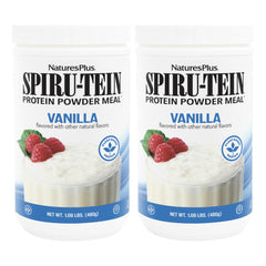 NaturesPlus SPIRU-TEIN Vanilla bottle on shelf shows plant-based protein option.