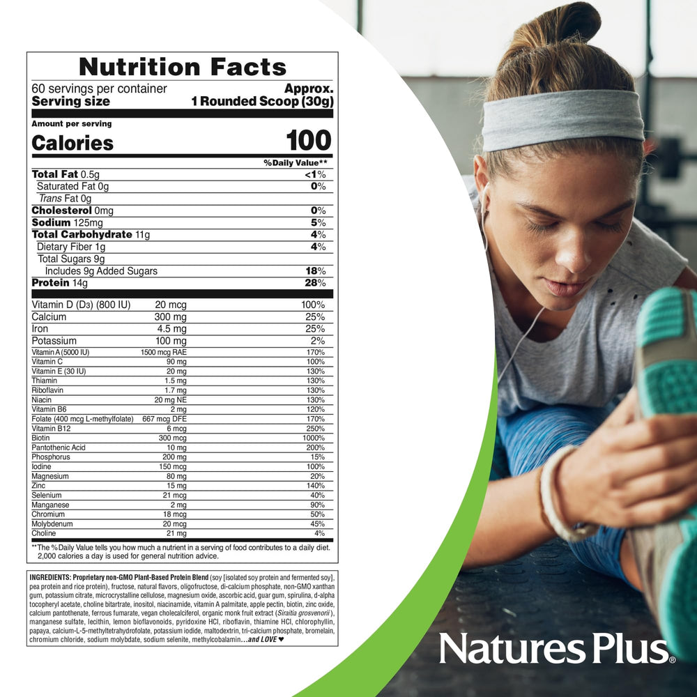 NaturesPlus SPIRU-TEIN vanilla label close-up signals quality manufacturing and certifications.