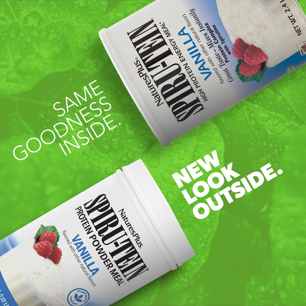 NaturesPlus SPIRU-TEIN Vanilla powder in a glass ready for a quick shake