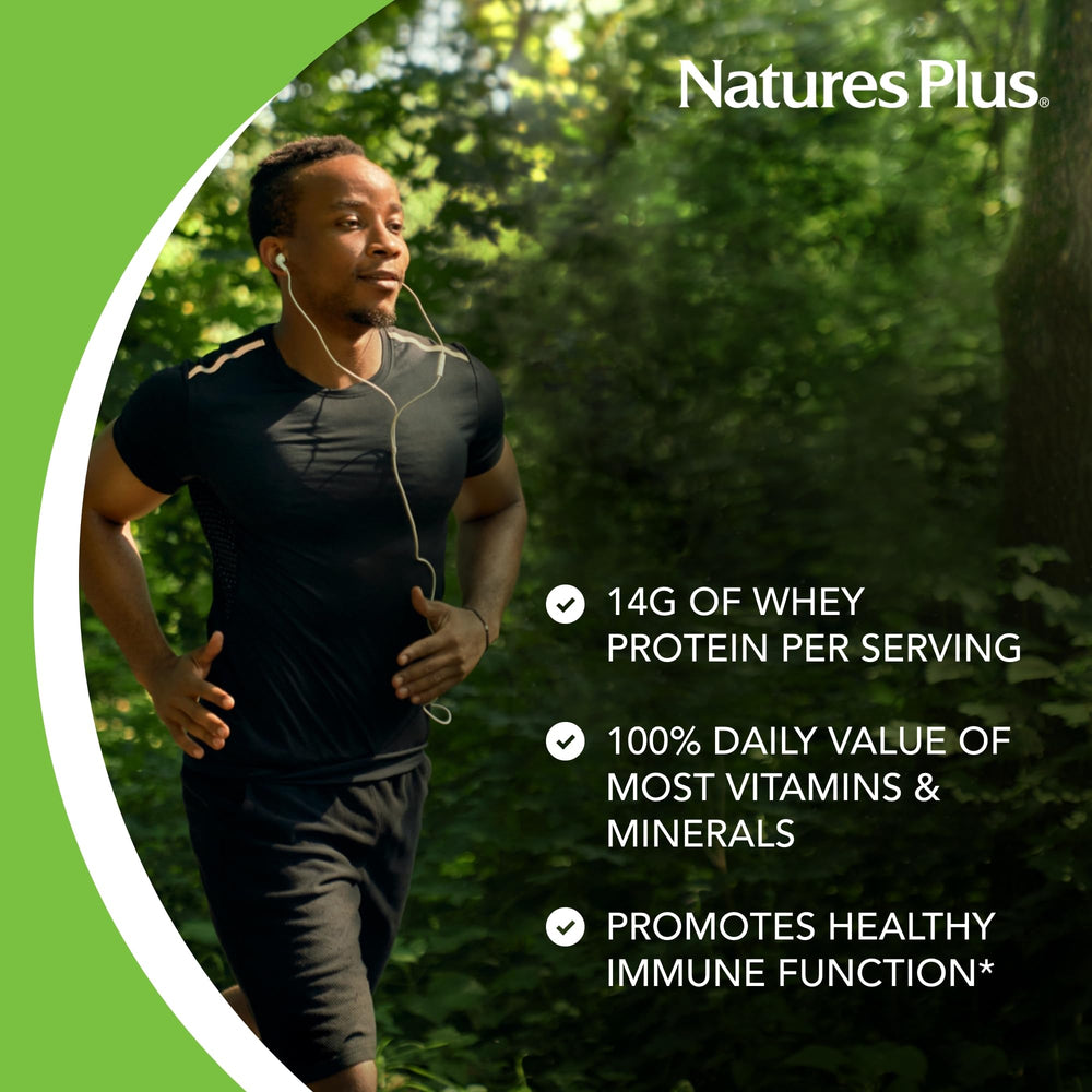 NaturesPlus SPIRU-TEIN WHEY Vanilla packaging shows gluten-free label.
