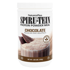 NaturesPlus Spirutein chocolate protein powder in a jar for plant-based meals.