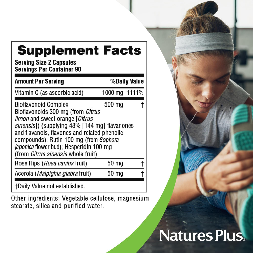 NaturesPlus Super C Complex ingredients panel highlighting bioflavonoids and natural wellness