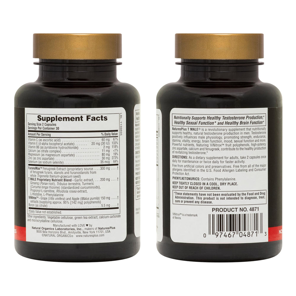 NaturesPlus T Male bottle side view showing compact packaging for travel.