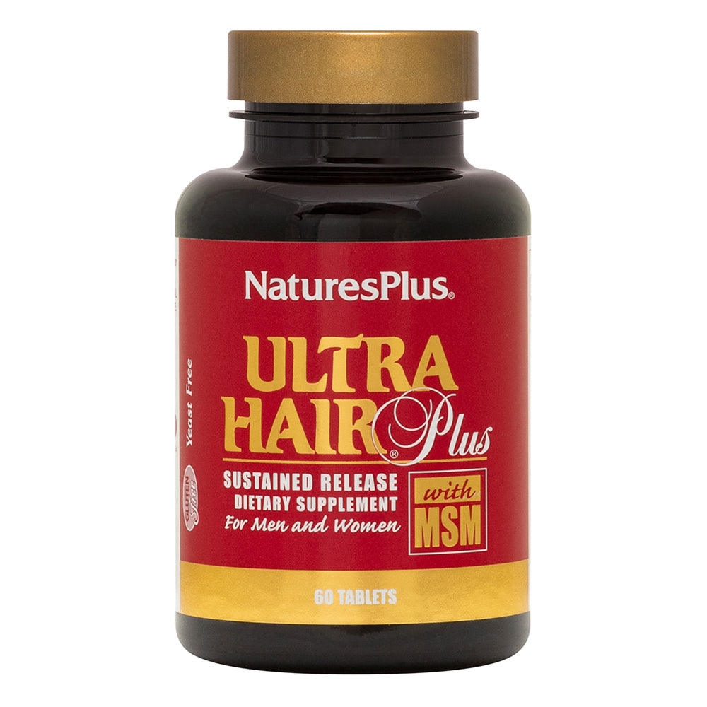 NaturesPlus Ultra Hair Plus bottle close-up showcasing the product name and packaging