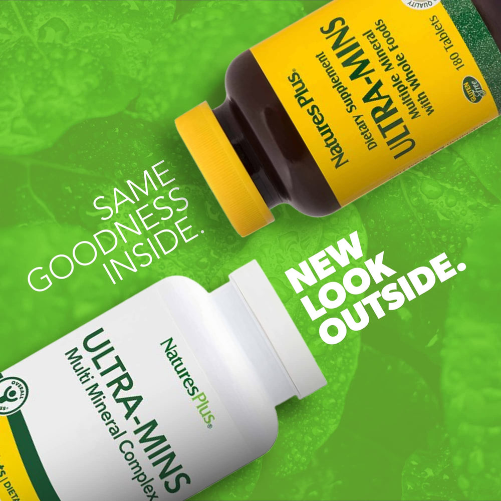 Ultra-Mins label highlights vegan gluten-free multi-mineral formula for clean nutrition.