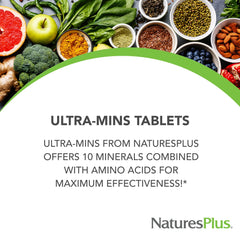 Close-up of Ultra-Mins tablets showing calcium, iron, magnesium, and zinc ingredients.
