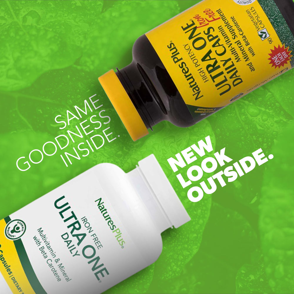 NaturesPlus Ultra One Daily Iron-Free bottle back view highlighting supplement details